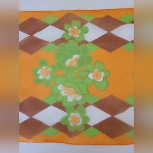 Vintage Sheer Orange Green Brown White Oblong Scarf Harlequin Diamond Floral